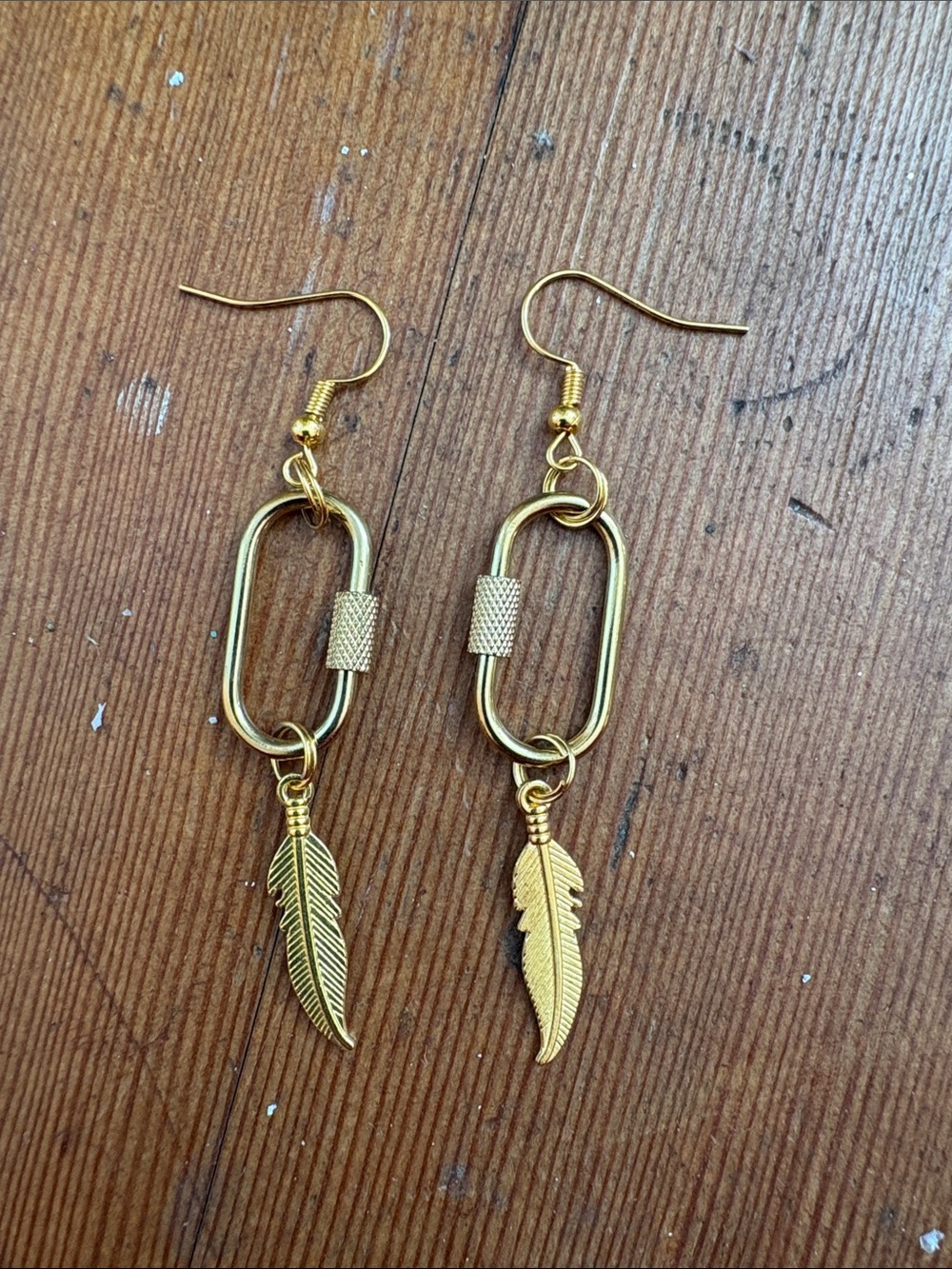 Hand-Crafted Gold Feather Carabinet Drop Earrings - Lightweight Women Jewelry